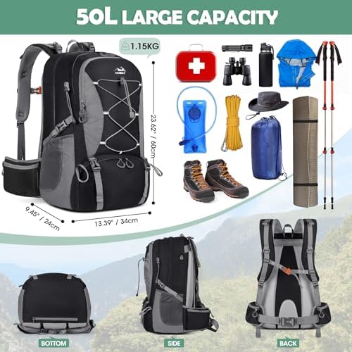 NUBILY Hiking Backpack 50L Waterproof Camping Backpack with Large Shoes Compartment and Wet Pocket Rucksack for Men Women Camping Backpack Lightweight Travel Backpack for Outdoor Sports