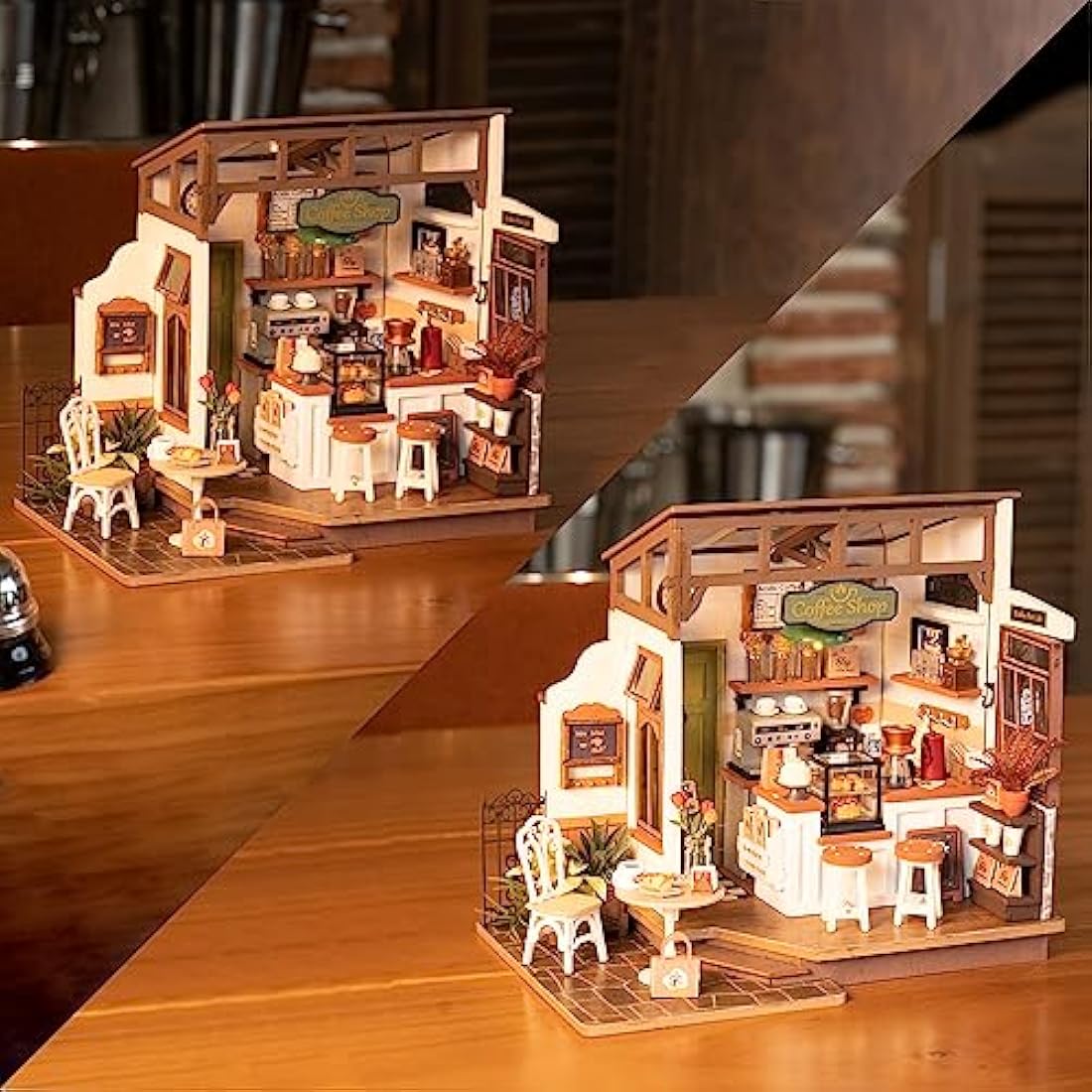 Rolife Dollhouses Café Miniature Wooden Doll House Kit with Furniture Wooden Building Kits with LED Lights for Girls and Women
