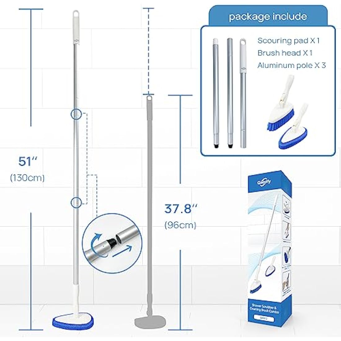 Qaestfy Shower Cleaning Brush and Scrubber Scourer Combo with 51'' Detachable Long Handle Tub and Tile Shower Bathroom Cleaner Scrubber Brush Cleaning Tools for Shower Bath Bathtub Tub Cleaning