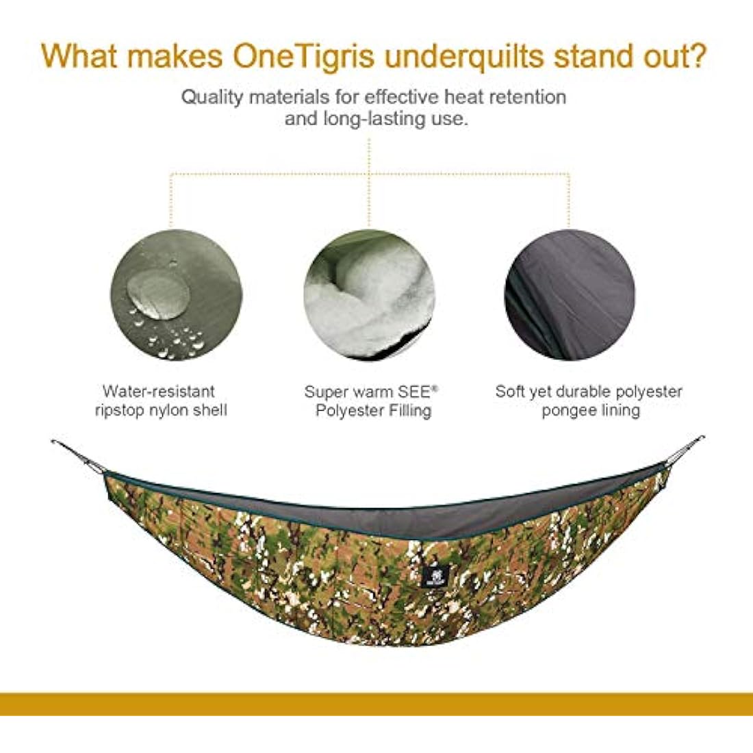 OneTigris HIDEOUT Hammock Underquilt, Full Length Lightweight 4 Season Hammock Gear for Camping, Hiking, Backpacking, Travel, Beach, Backyard, Patio, Portable