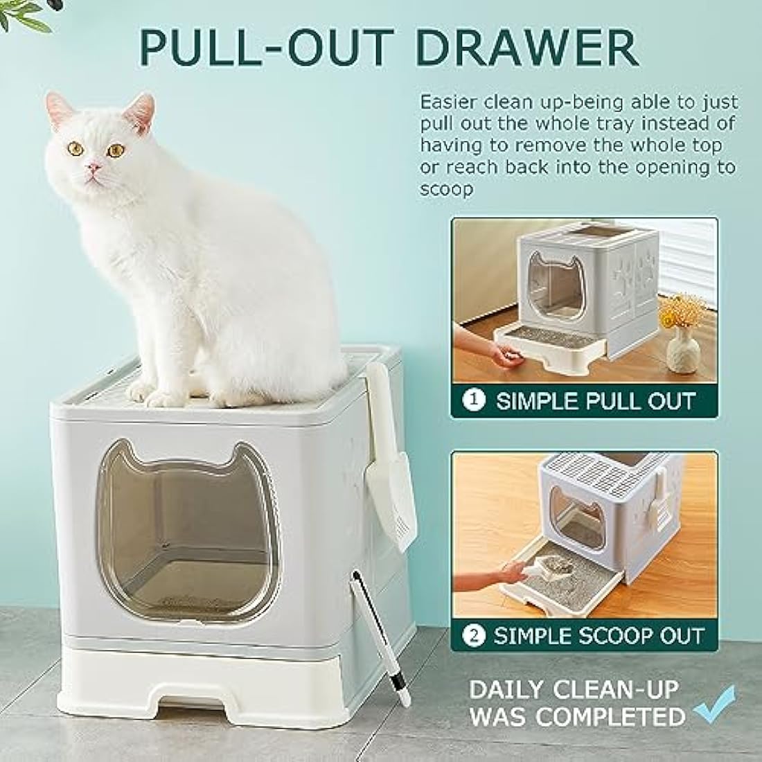 Pawsayes Cat Litter Tray Litter box with Lid for Medium and Small Cats, Foldable Top Entry Kitten Litter Box with Drawer Pan and Scoop