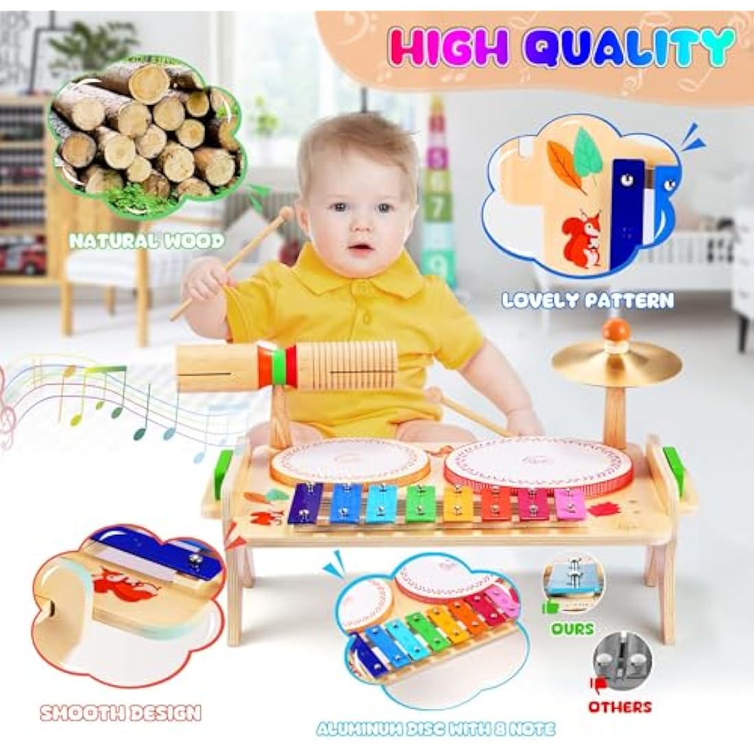 Sweet time Kids Drum Set, Baby Musical Instruments Toys for Toddlers, 7 in 1 Wooden Xylophone Toddler Drum Set Percussion Instruments Musical Toys Birthday Gifts for Children Boys and Girls