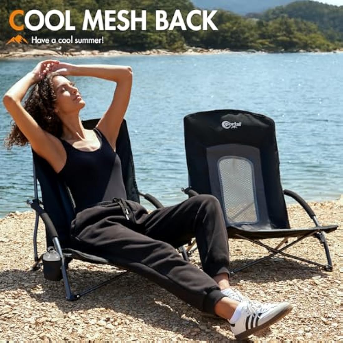 Portal Folding Beach Chairs Low Lightweight Portable for Adults Foldable Beach Seat Camping Festival Picnic Deck Chair Outdoor Collapsible with Cupholder Mesh Back Padded Armrests Supports 150KG