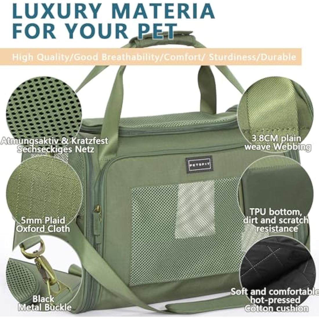 Petsfit Dog Carrier Soft Sided Travel Carrier, Large Pet Carriers with Quadrangle Oxford Fabric and Ventilation Mesh，Portable Dog Bag with Expandable mat and Upgraded Large Space, Olive Green