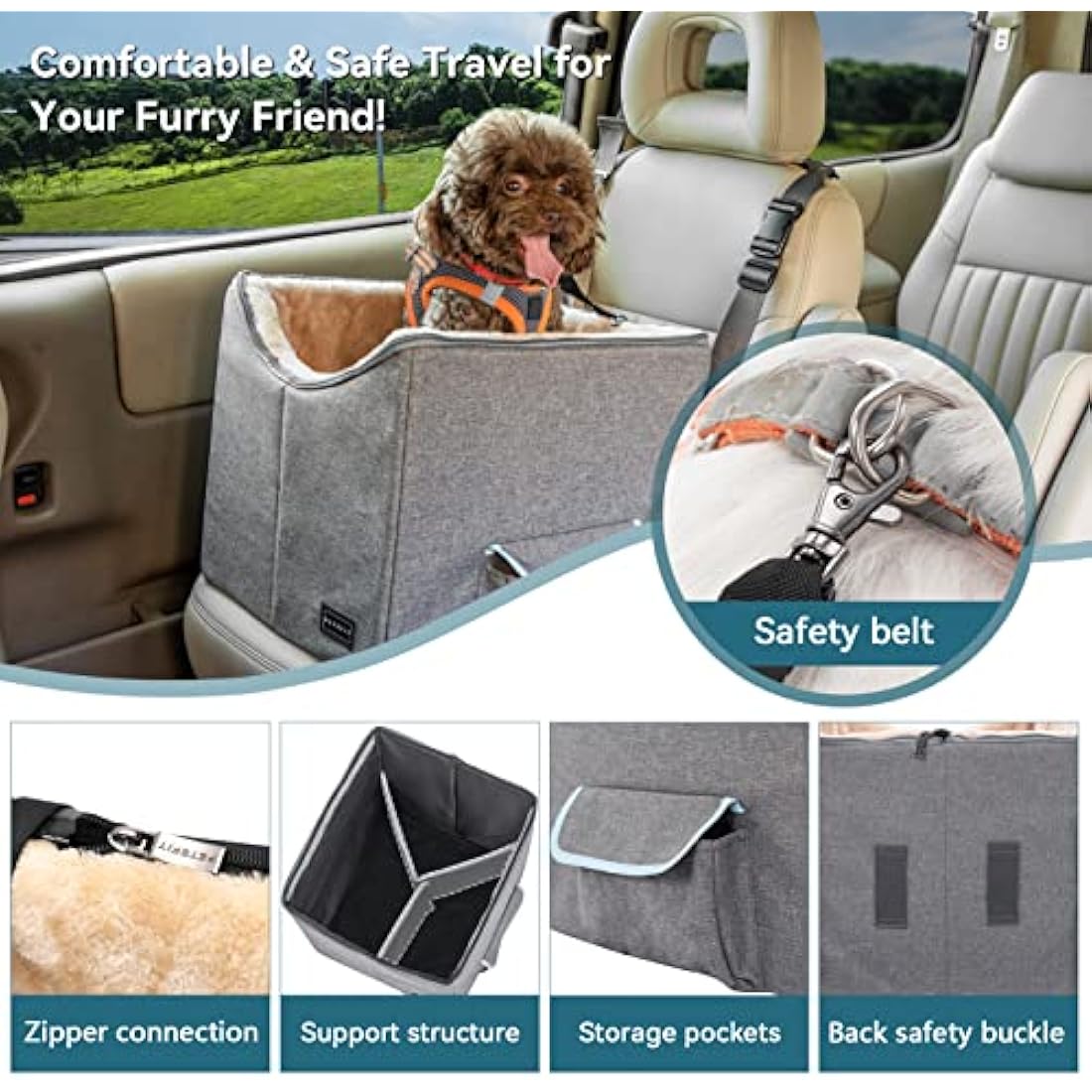 Petsfit Small Dog Booster Car Seat with Safety Belt, Pet Travel Car Seat, Washable Double-Sided Cushion and Storage Pocket for Small Pet Up to 10 KG