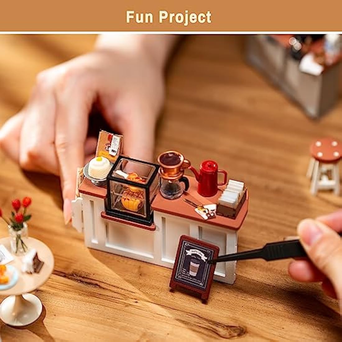 Rolife Dollhouses Café Miniature Wooden Doll House Kit with Furniture Wooden Building Kits with LED Lights for Girls and Women