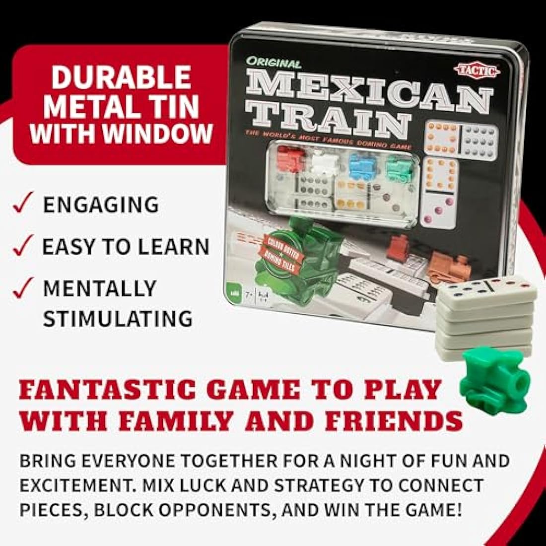 Tactic Mexican Train Domino Game for Kids, Adults, 2-8 Players - Portable, Compact Colored Domino Train Game in a Tin Box - Perfect for Game Nights, Get Togethers