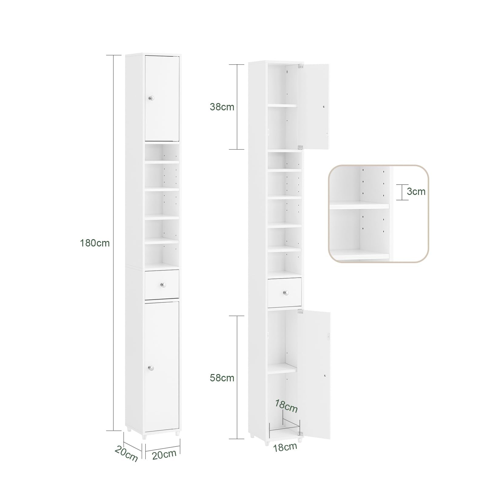 SoBuy 20cm Wide Bathroom Tall Cabinet Cupboard Bathroom Storage Cabinet White W20 x D20 x H180cm BZR34-W
