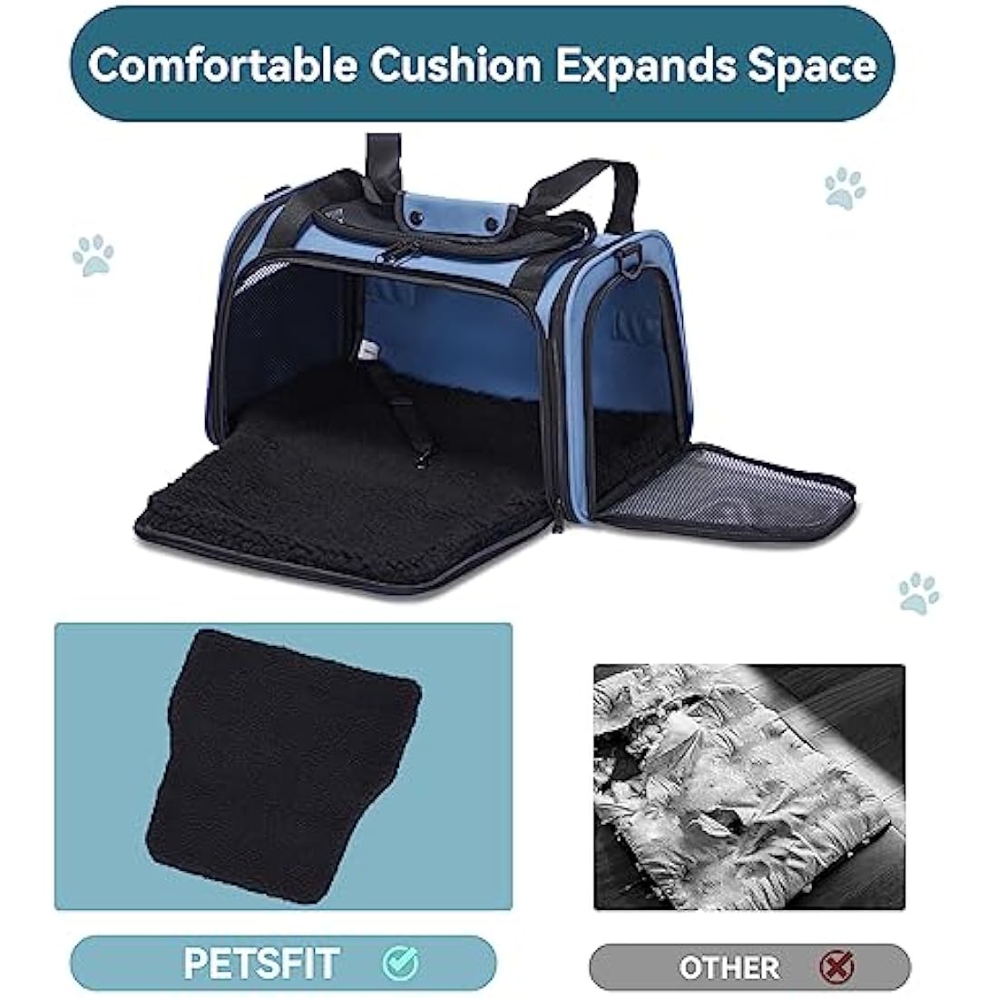 Petsfit Cat Carrier Large Up to 12KG, Cat Carrier for 2 Cats with Extendable Fleece Mat,Small Dog Travel Bag Carrier with Safety Leash for Puppy for Car Use, Blue，50 * 33 * 33CM