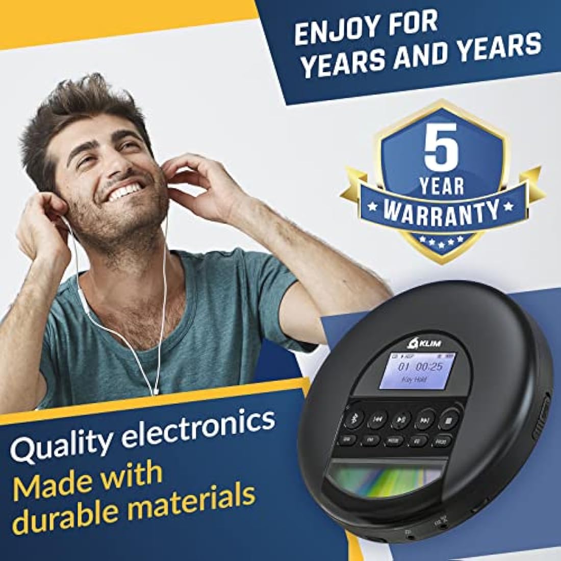 KLIM Nomad - Portable CD Player with Long-Lasting Battery - with Headphones - Radio FM - Compatible MP3 CD Player Portable - TF Card Radio FM Bluetooth - Ideal for Cars - Black