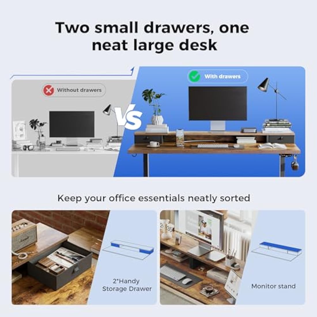 Agilestic Electric Adjustable Height Desk with 2 Drawers, 120 x 60 cm, Stable Sit-Stand Desk with Memory Control, Ergonomic Computer Desk, Brown