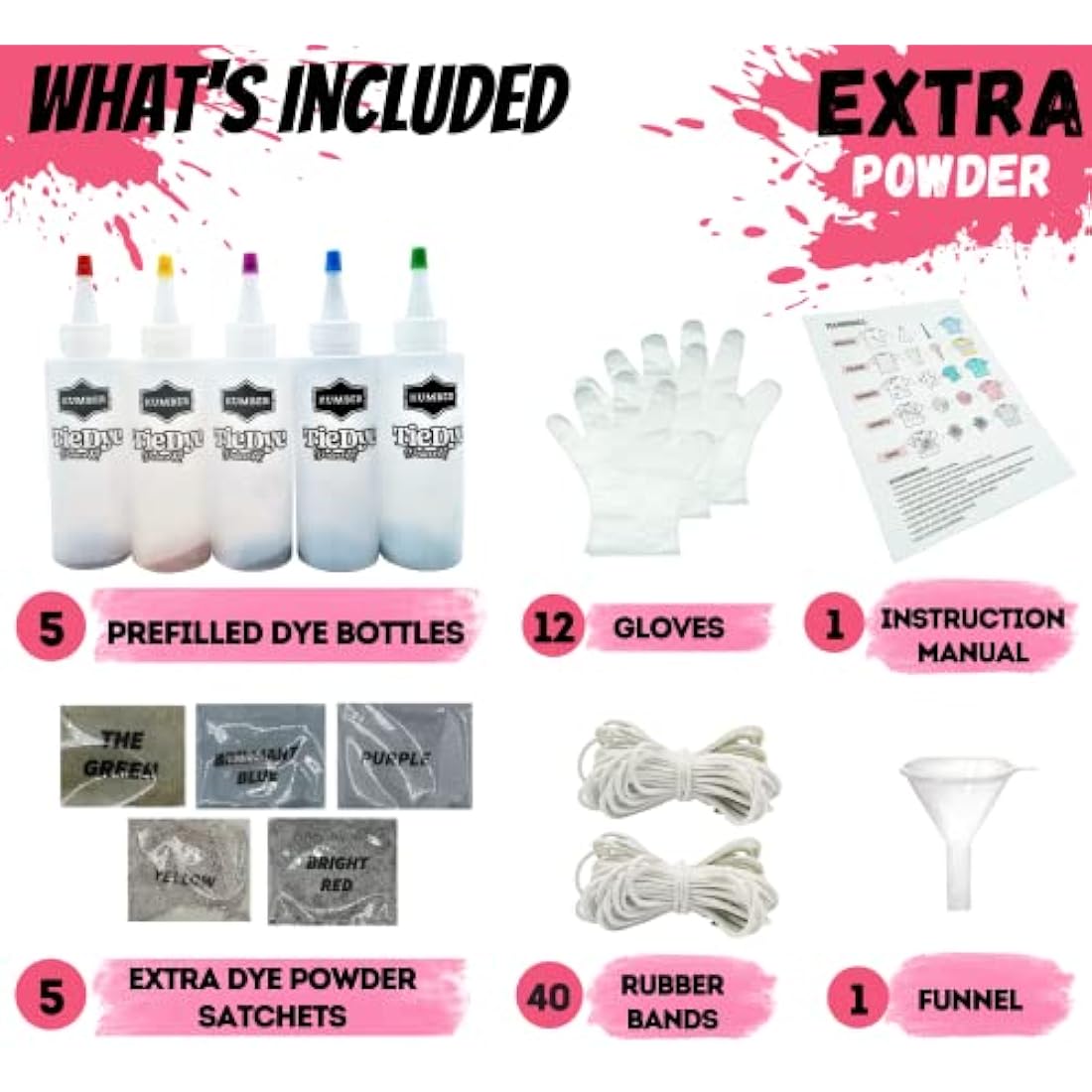 KUMBER Tie Dye Kit Kids - 5 Colours with Extra Dye Powder, Rubber Bands, Gloves and Funnel - Art and Craft Set for Dyeing Clothes, Creative Games & Activities - Suitable for Kids and Adults
