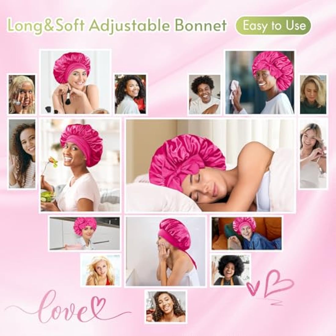 BONNET QUEEN Silk Bonnet for Sleeping for Curly Hair, Satin Bonnet Hair Wrap for Women & Men, Adjustable Silk Scarf Night Cap with Tie Band, Hot Pink