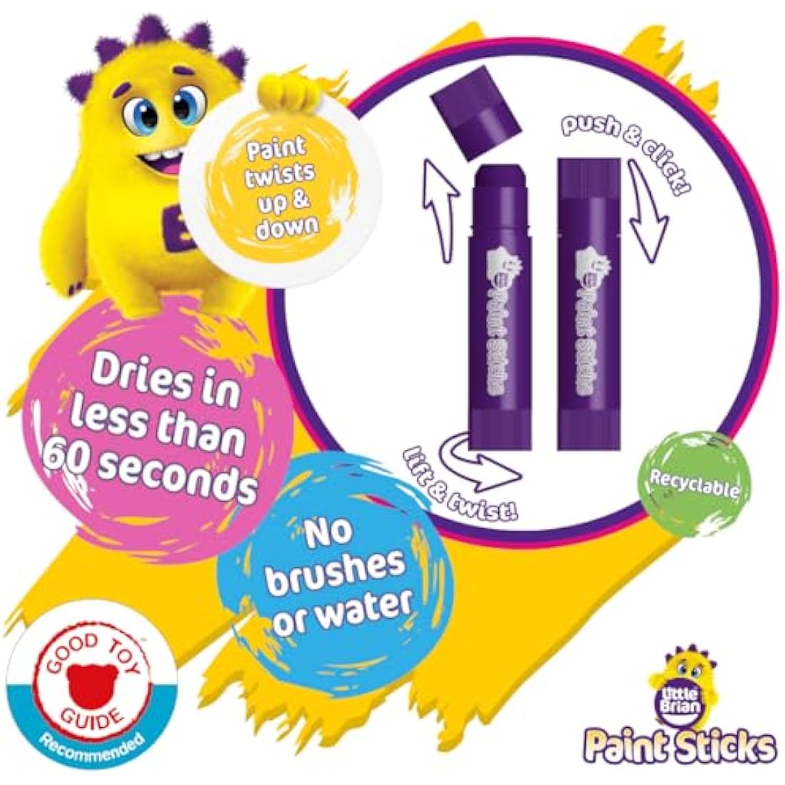 Little Brian Paint Sticks For Kids - 24 Pack Assorted Colours - Mess-Free, Easy Clean Up, Fast Drying Action, Vibrant Colours, Multi-Surface, Twist & Paint