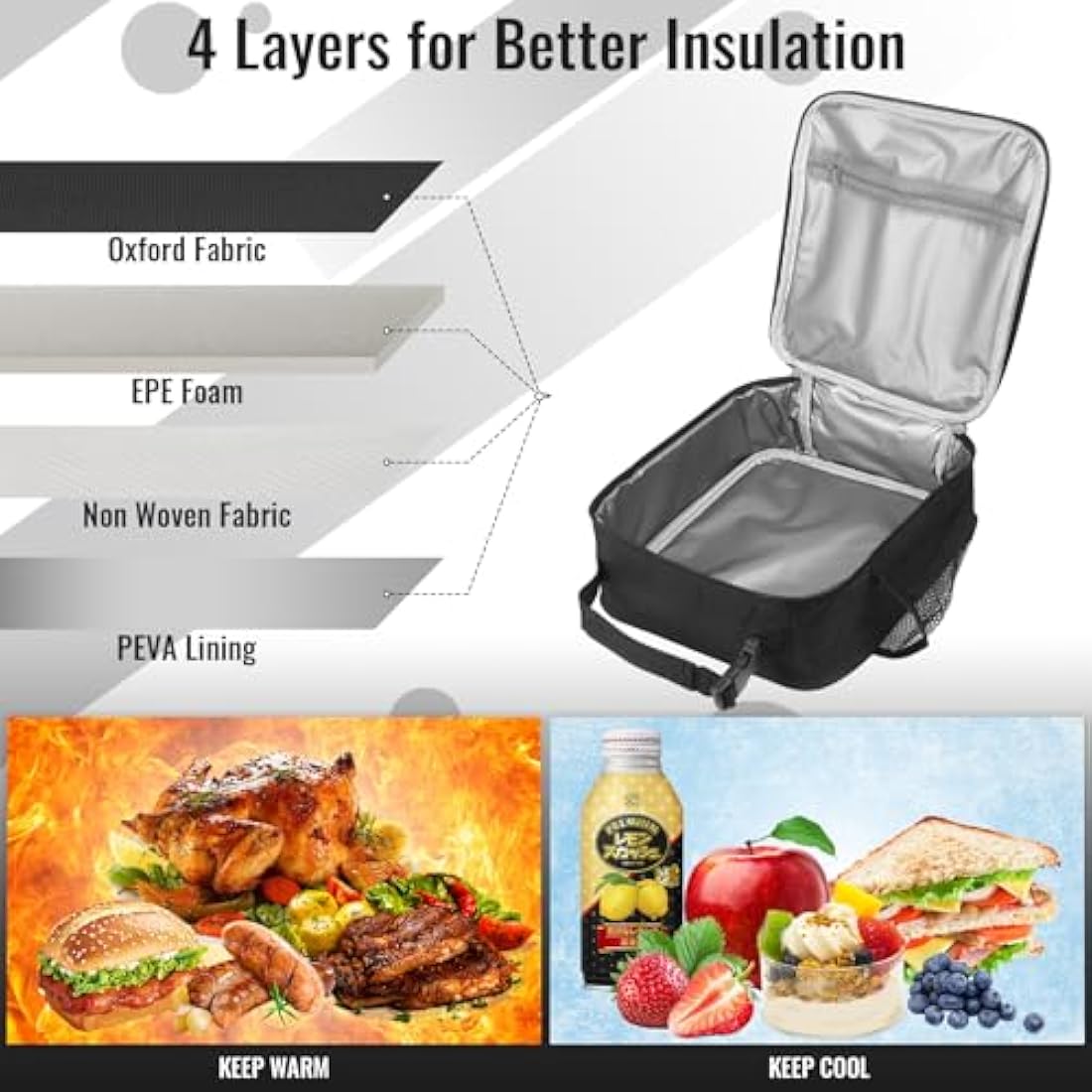 TIECHI Insulated Lunch Bag with Side Mesh Pocket, Thermal Packed Lunch Box for Adults/Kids/Men/Women, Water-Resistant Leakproof Cool Bag for Work/School/Picnic/Outdoor(Black)