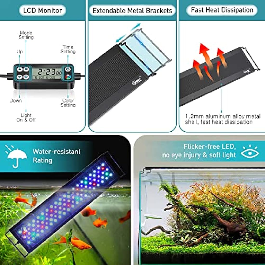 hygger Aquarium Light, Auto On Off LED Aquarium Light, Full Spectrum Fish Tank Light with LCD Monitor, 26W 24/7 Lighting Cycle, 7 Colors, Adjustable Timer,3 Modes for 76-91cm Freshwater Tank