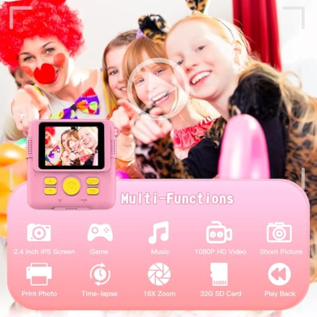 Kids Camera for Girls Boys, Kids Instant Print Camera Toy, 2.4" Screen, 1080P HD Kids Digital Camera with 3 Rolls Photo Paper, Birthday Gifts for 3 4 5 6 7 8 9 10+ Year Old, 6 Color Pen, 32GB SD Card