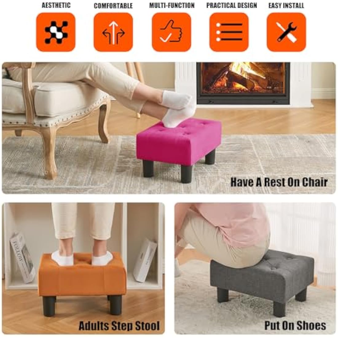 BRIAN & DANY Small Foot Stool, Velvet Footstool with Legs, Footstools for Living Room, Ottoman Footrest Extra Seating for Entryway, Rose Red