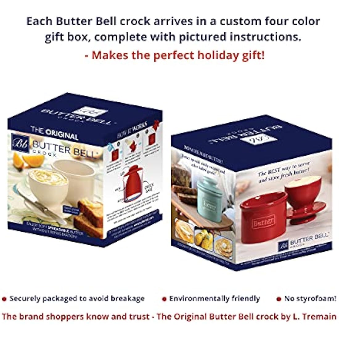 Butter Bell - The Original Butter Bell Crock by L Tremain, a Countertop French Ceramic Butter Dish Keeper for Spreadable Butter, Parisian Bistro Style with Blue Trim