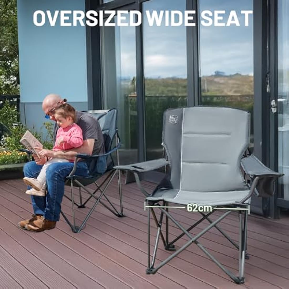 TIMBER RIDGE Camping Chairs for Adults Heavy Duty 200kg Oversized, Padded Folding Chair with Cup Holder and Storage Bag Comfy for Outdoor Picnic Fishing Garden, Lightweight and Portable (Grey, 1 PC)