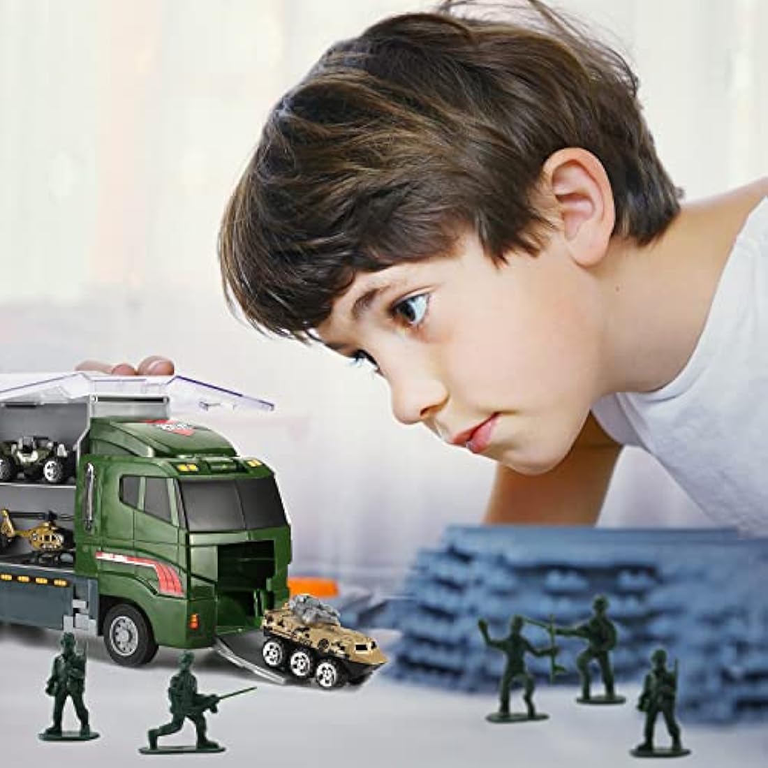 Military Carrier Truck (26 in 1) with Soldier Men playset, Mini Die-cast Battle Car in Transport Truck, Army Toy Double Side Vehicle for Kid Children Girl Boy Play Birthday Party Gift