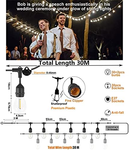 Meidaoduo Outdoor String Lights LED Mains, 30 Meters Festoon Garden String Lights 30 E27 Waterproof Sockets, 32pcs LED Shatterproof Patio Garden Party Wedding Backyard