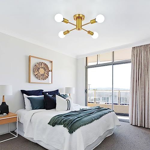 ASHUAQI Gold Sputnik Chandeliers - 4 Lights Semi Flush Ceiling Lights for Living Room, Bedroom, Kitchen, Lounge, Hallway