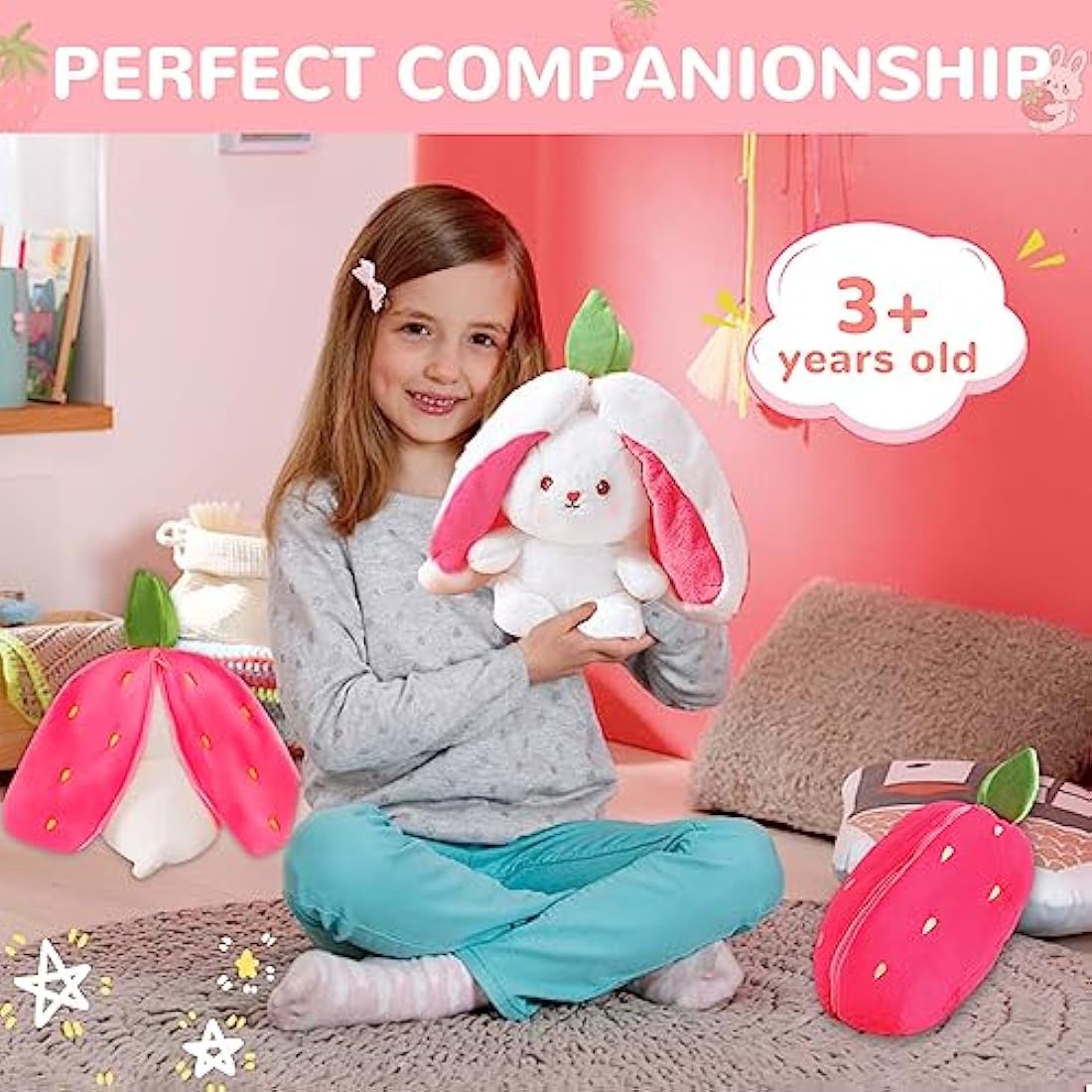 TOGETDREAM Easter Plush Bunny Toy, Soft Plush Toy 25cm Carrot Strawberry Plushies Doll, Cute Cuddly Stuffed Animals Hide And Seek Rabbit Muppet Toys Birthday Gifts for 12+ Years Old Kids (pink)