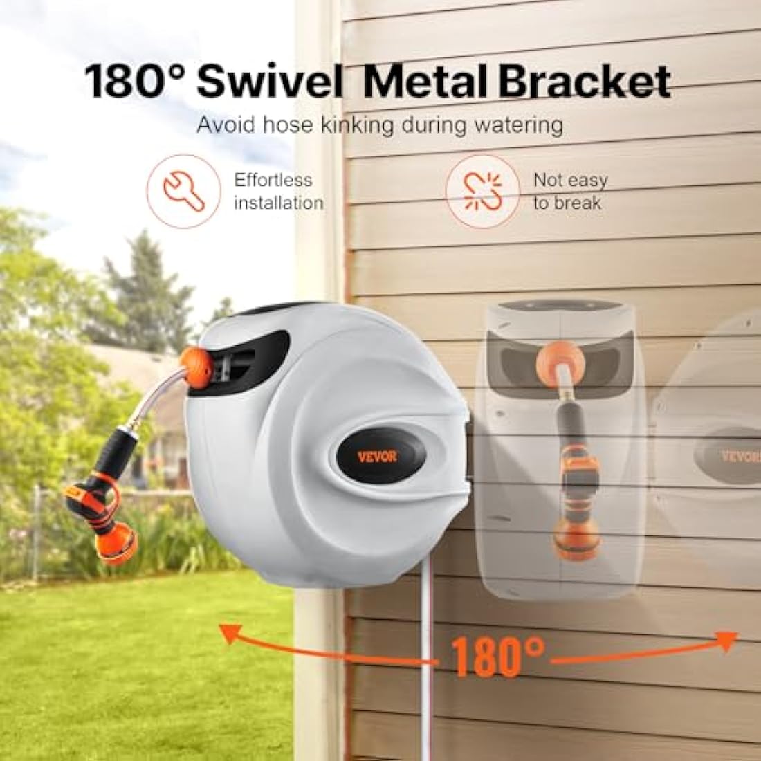 VEVOR Retractable Garden Hose Reel, 1/2" x 131.23 ft Wall Mounted Hose Reel, Heavy Duty Garden with 9 Patterns Nozzle, Any Length Lock, Auto-Rewind Slow Return System and 180°Swivel Bracket