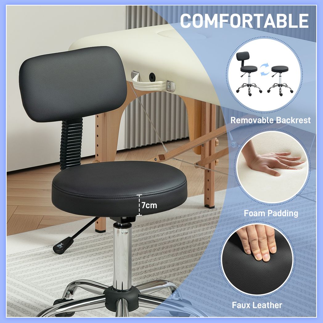 HOMCOM Rolling Stool with Backrest, Wheels, Faux Leather Salon Chair