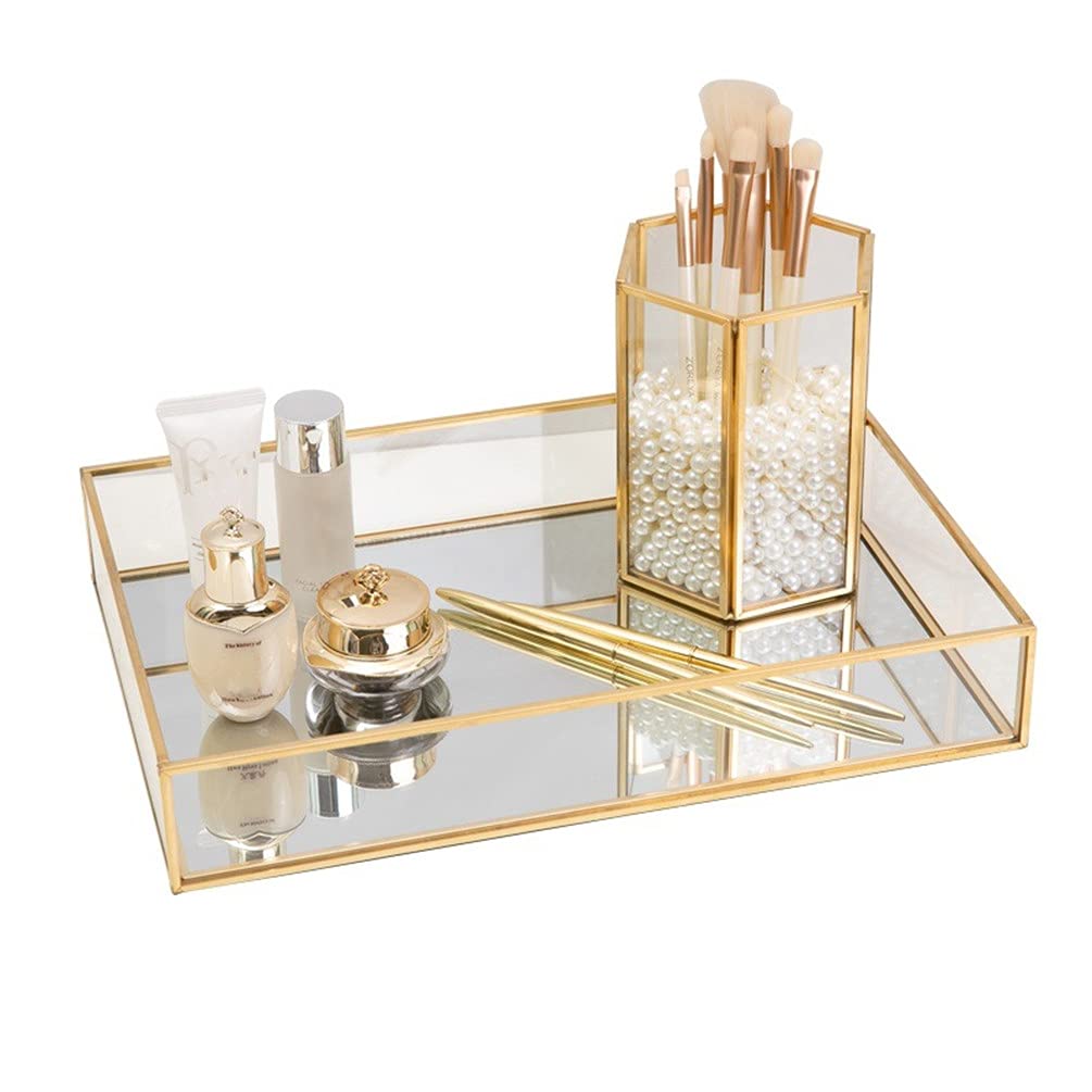 Gold Mirror Tray Perfume Display & Jewelry Organizer - Makeup, Serving, Bathroom Trays - Beautiful Art Decor, Neaten Storage for Vanity, Closet,
