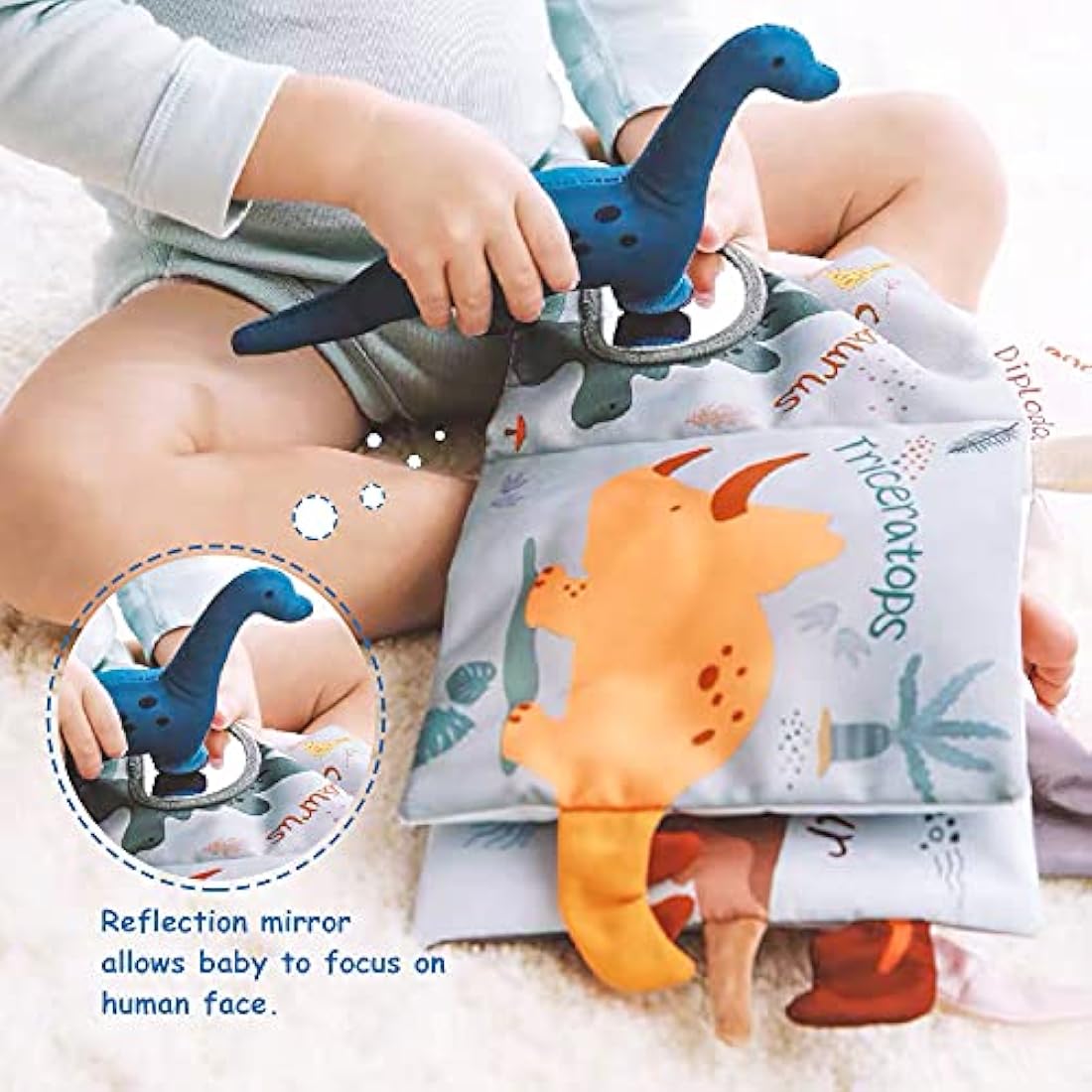 Richgv Soft Baby Books Toys 0-6-12 Months, Sensory Toy for Babies with Mirror, Crinkle Paper, Maze & Little Dinosaur, Early Development Travel Toy, Stroller Hanging Toy, Newborn Baby Toy Gift