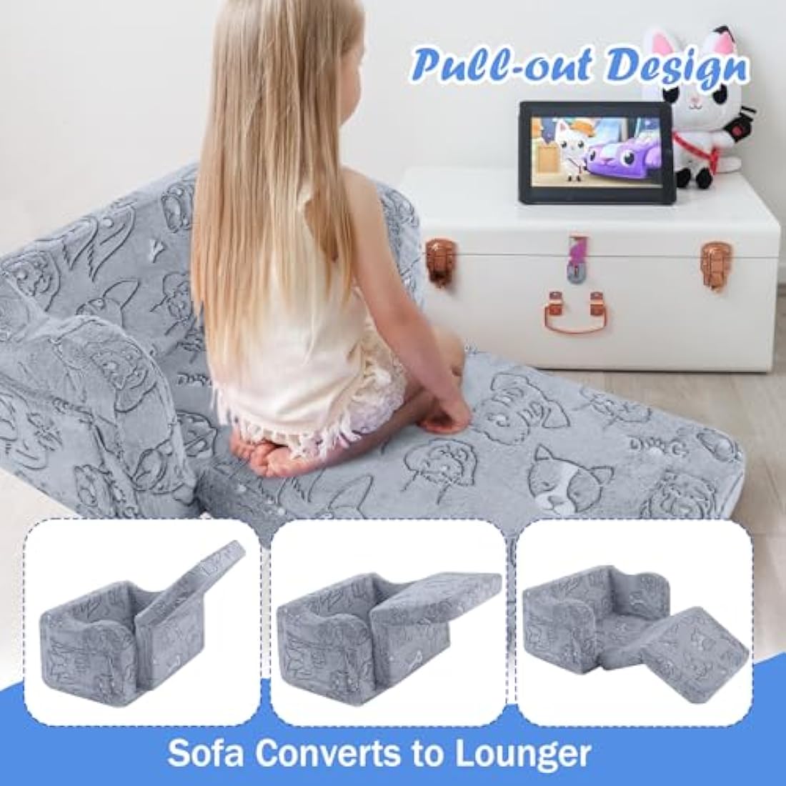 MeMoreCool Kids Sofa, Toddler Fold Out Chair for Girls Boys, Glow in The Dark Comfy Folding Baby Couch Convertible to Lounge, Kids Soft Plush Recliner for Childrens Playroom, Glowing Dogs