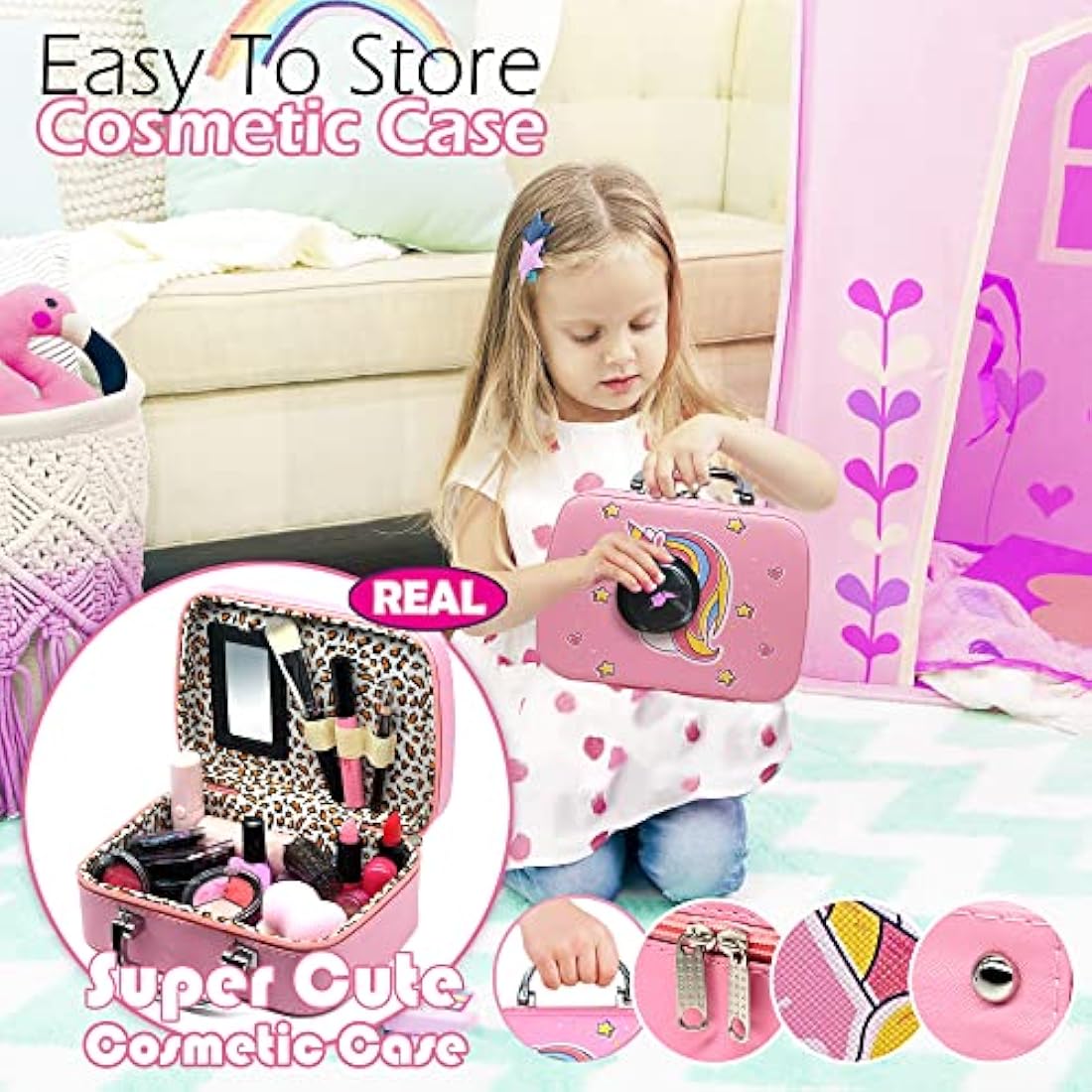 Washable Kids Makeup Girls Toys - Real Makeup Set Make Up Kits for Children Kids Girls Princess Glamour Girl Pretend Play Makeup Kit Christmas Birthday Gifts Toys for 3 4 5 6 7 8 9 10 Year Old Girl