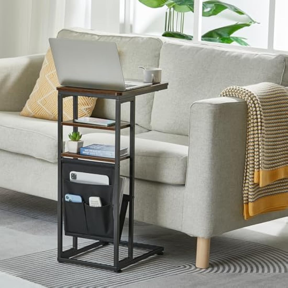 ZEXVIDA C Shaped Side Table, 3 Tier Sofa End Tables with Storage Bag, Sturdy Slide Under Sofa Slim Side Tables with Metal Frame for Small Spaces, Living Room, Bedroom, Industrial (Rustic Brown)