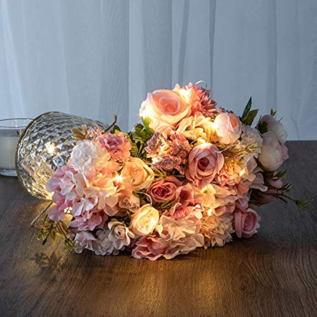 KELINGO Artificial LED Pink Rose Flowers with Glass Vase, Flower Arrangement for Table Centerpiece, Home Office Wedding Decoration