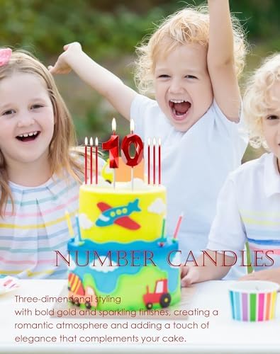 Red 10th Birthday Candles Set, Number 10 Candle with Red Long Candles, Birthday Candles for Cake, Birthday Candle, Cake Candles Cake Topper Decorations for Boys Girls Men Women Birthday Party Wedding