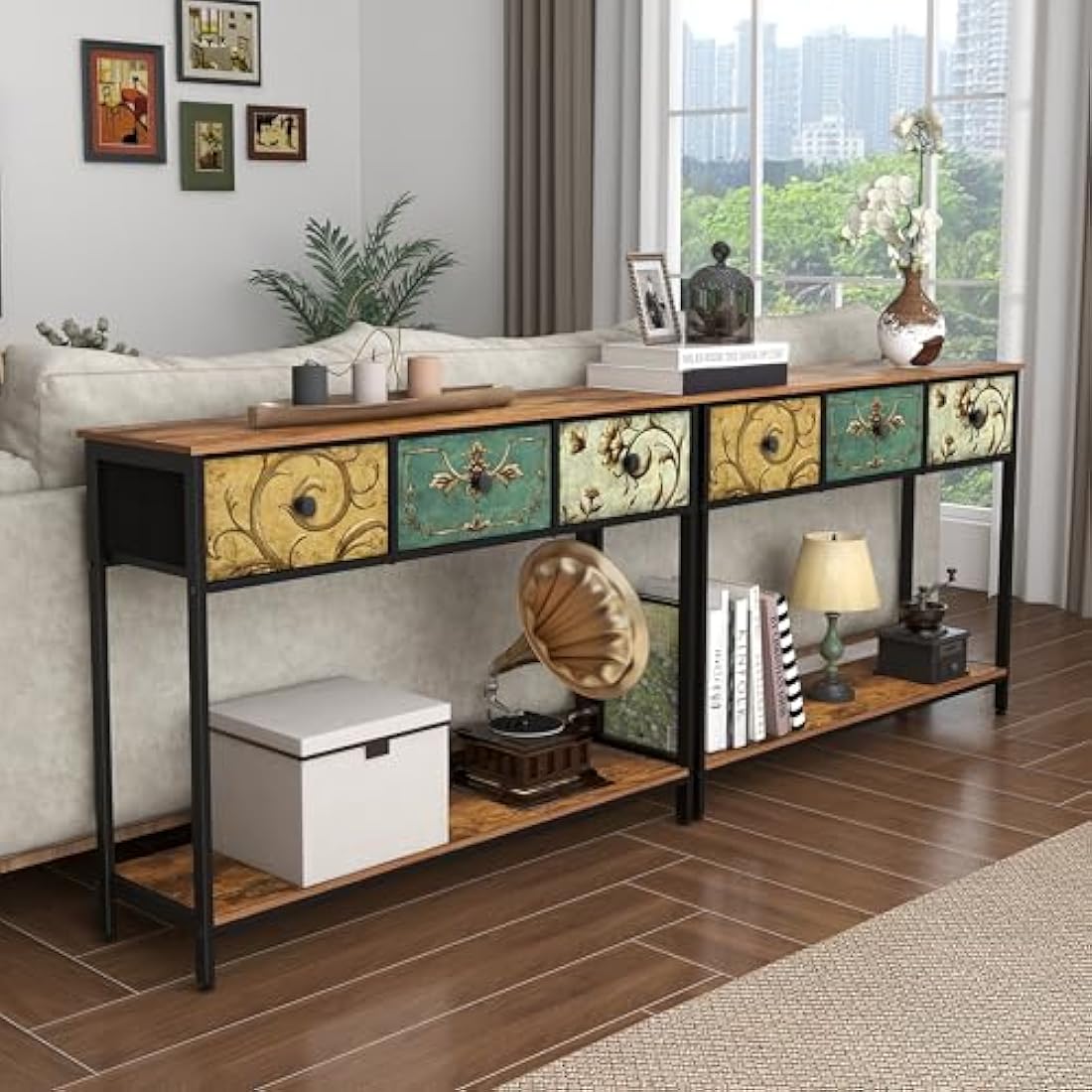 VEDECASA Console Table for Hallway Slim Console Table with 3 Drawers for Entryway with Storage Shelves for Small Spaces Living Room Metal Frame Wooden Top Easy Assembly Rustic Brown