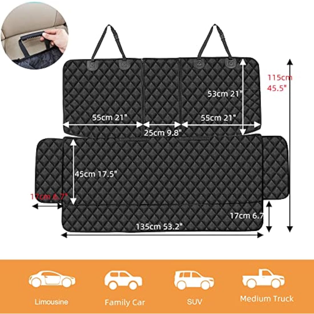 ANOSOSPECIAL Dog Car Seat Cover for Back Seat Cover for Kids ISOFIX with Dog Seat Belt Non Stick Fur Car Seat Protector for Dogs Nonslip Water Proof Durable for Truck SUV（Black ISOFIX-Large）