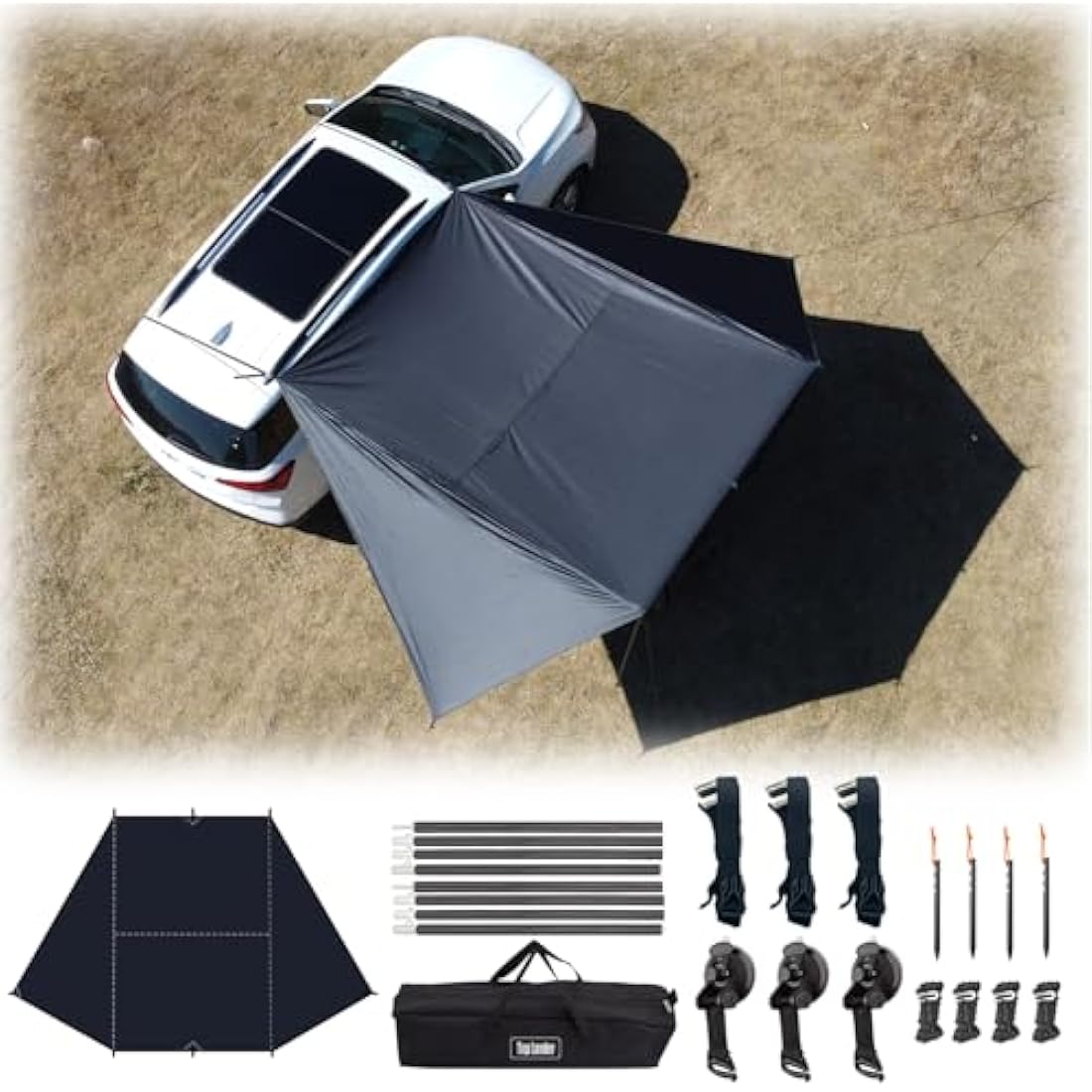 Car Awning Camping SUV Sun Shelter Waterproof Universal Tent Canopy Anti-UV for Van Campervan Caravan Truck Vehicle (Black)