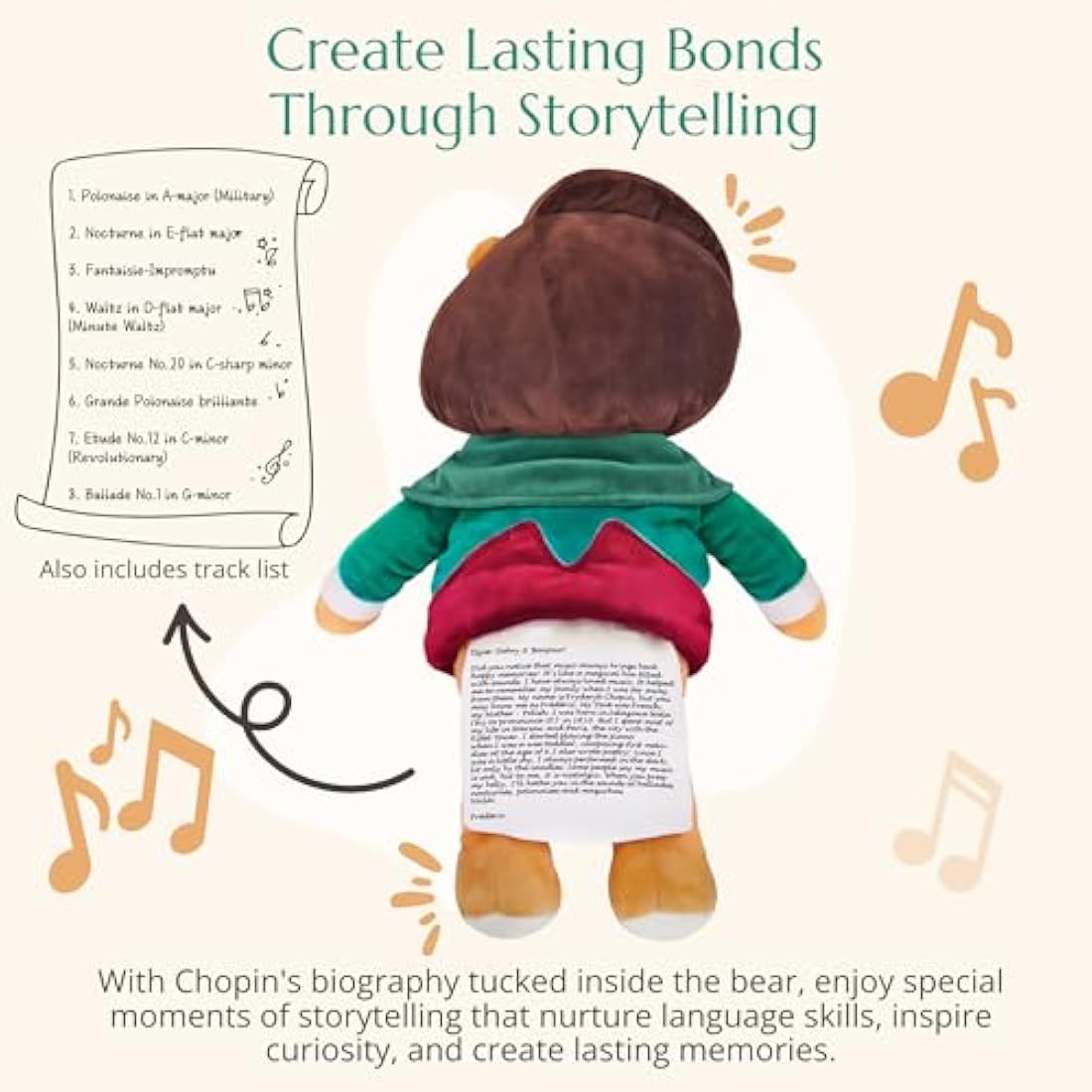 Vosego Chopin Plush Bear – Plays 40 Mins of Classical Music, Educational & Soothing Interactive Teddy Bear for Babies & Toddlers, Ideal