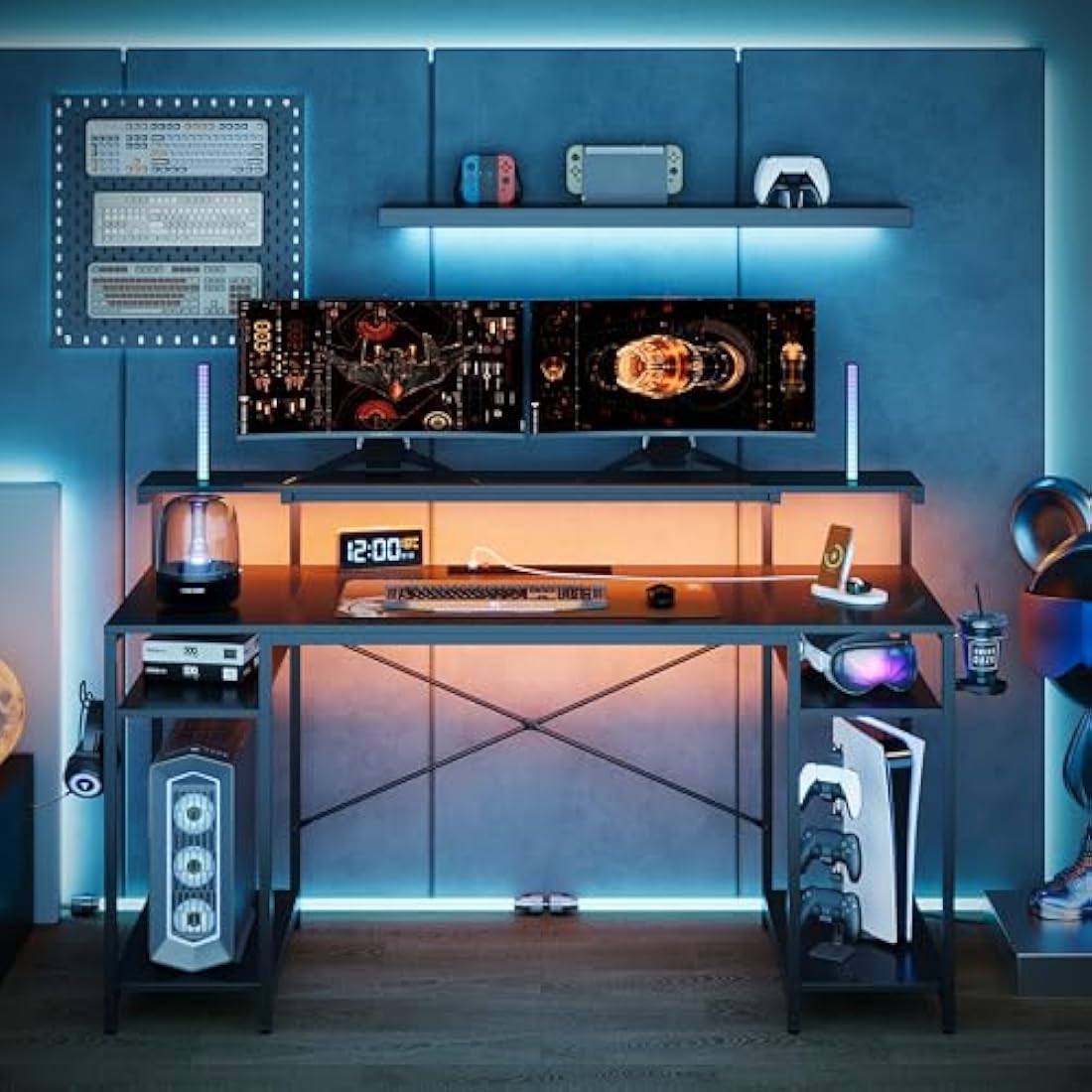 Bestier 140 CM Computer Desk with Power Outlets & LED Lights with Monitor Shelf Gaming Desk with Shelves Writing Desk with Storage Office Desk &Workstation for Home Office Bedroom