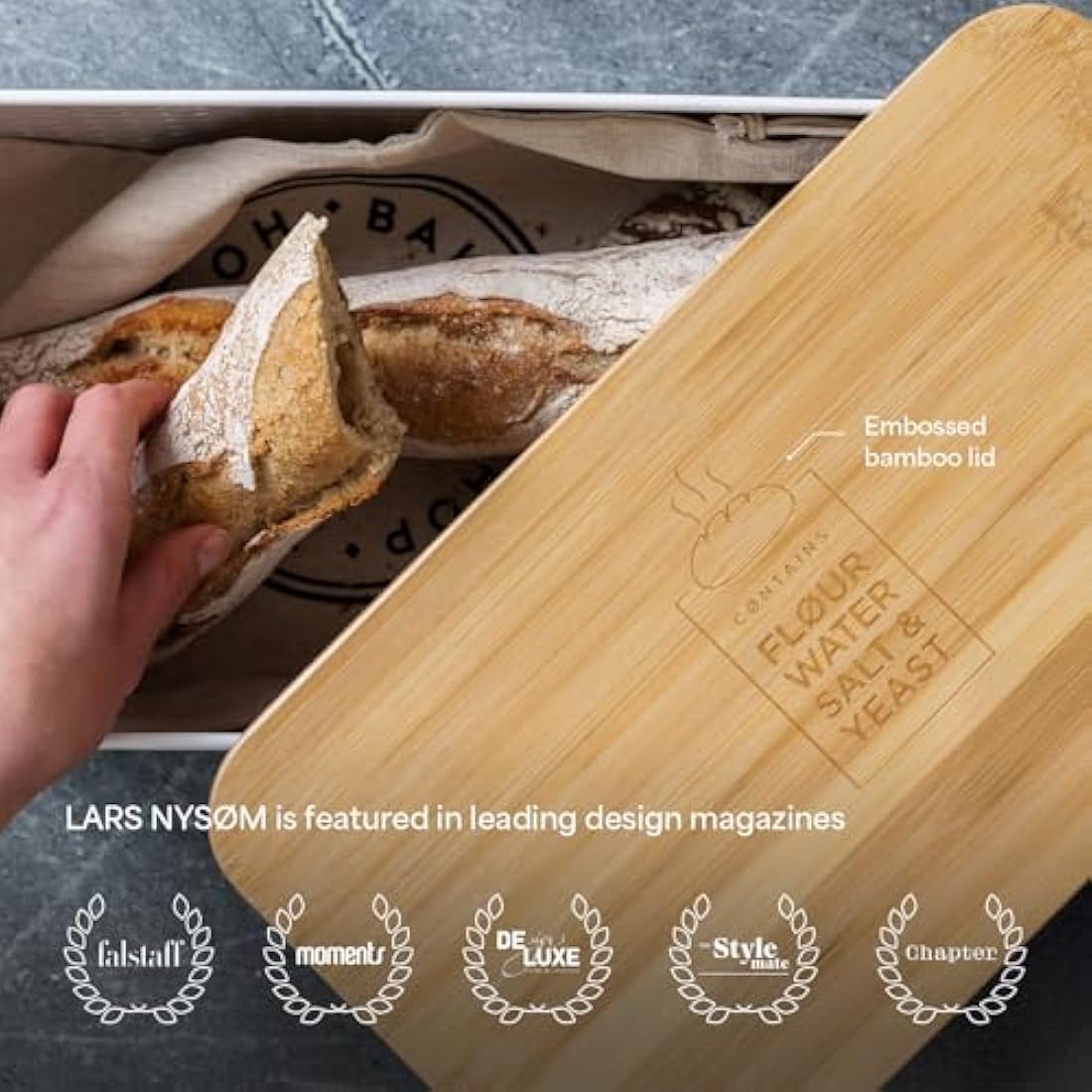 LARS NYSØM Bread Bin I Metal bread box with linen bread bag for long lasting freshness I Bread bin with bamboo lid usable as cutting board I 13.4x7.3x5.3 In (Pure White)