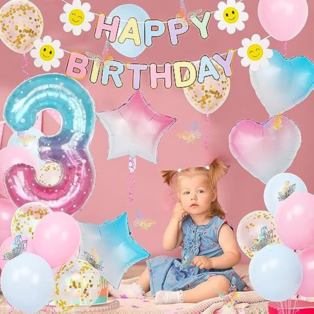 3rd Birthday Decorations for Girls, Gradient Color 40 Inch Age 3 Foil Birthday Balloons with Happy Birthday Banner and Butterfly Stickers, for Baby Shower, Girls Boys Birthday Party