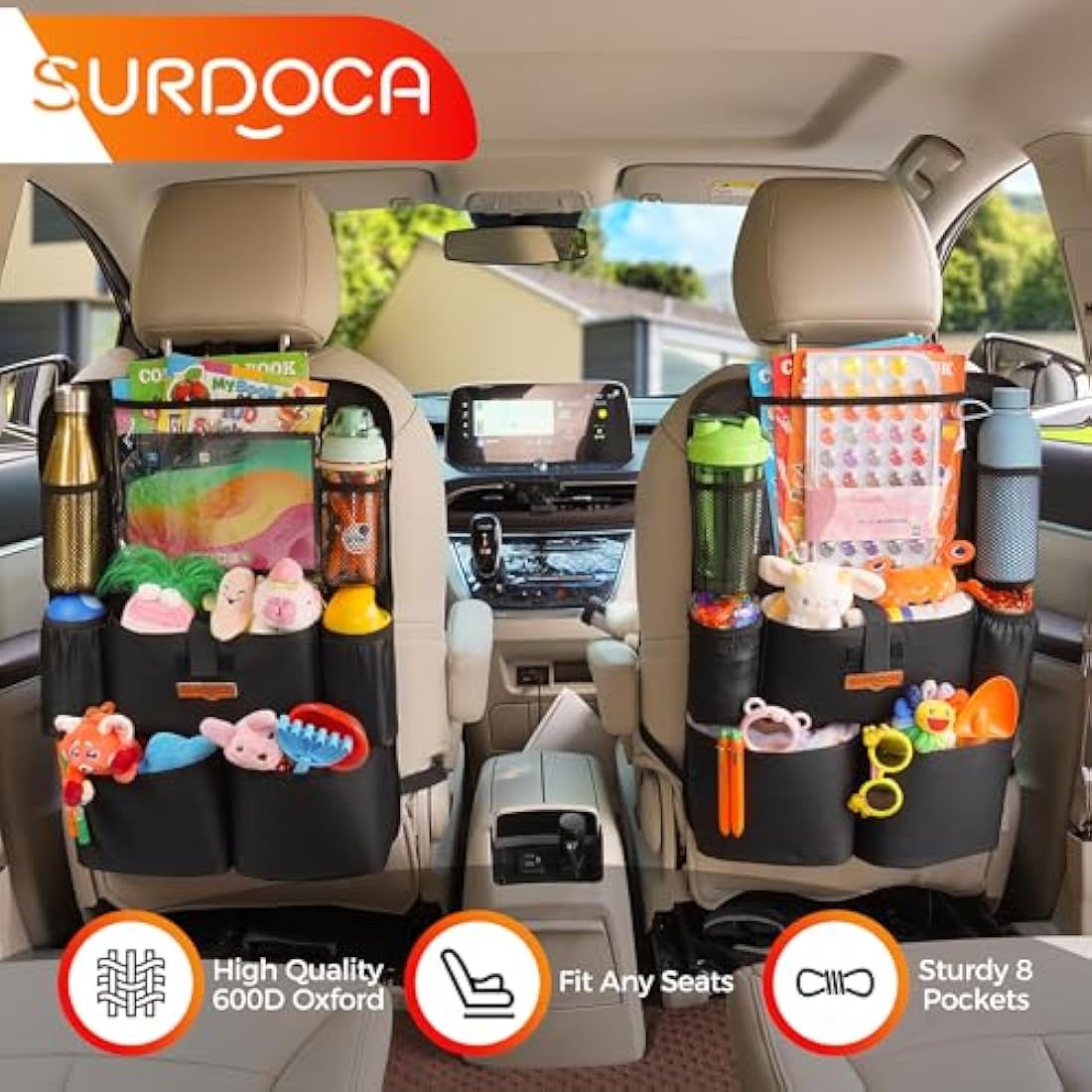 SURDOCA Car Organiser Car Seat Organiser - 4th Generation Enhanced Car Organiser Back Seat for up to 11-inch Tablet Holder, 8 Pockets, Kids Toy Storage, Water Proof Back Seat Protector for Kids