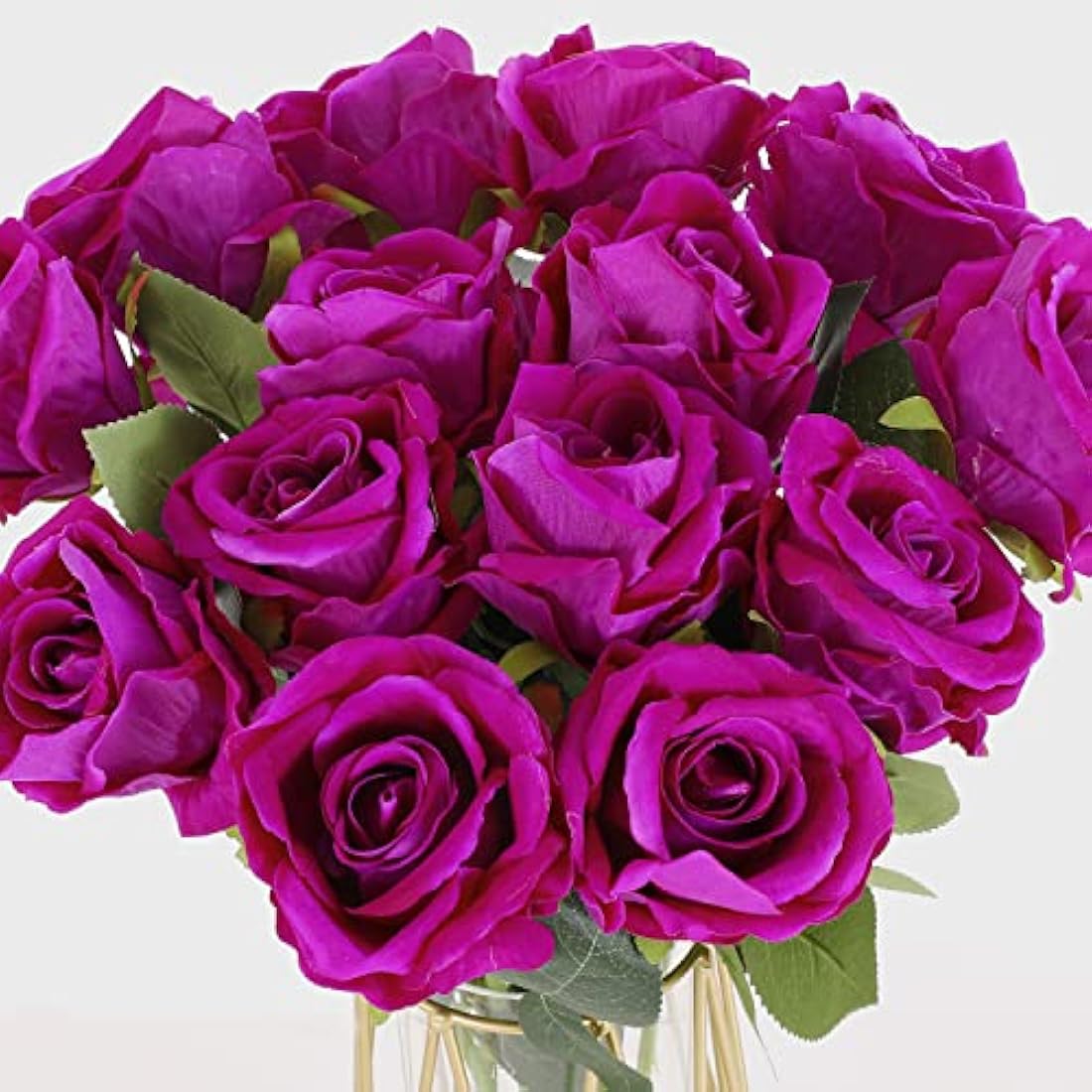 Cloudecor 15Pcs Fake Roses Velet Rose Long Stem Artificial Flowers Silk Flowers for Home Wedding Decoration (Round Roses，Purple)