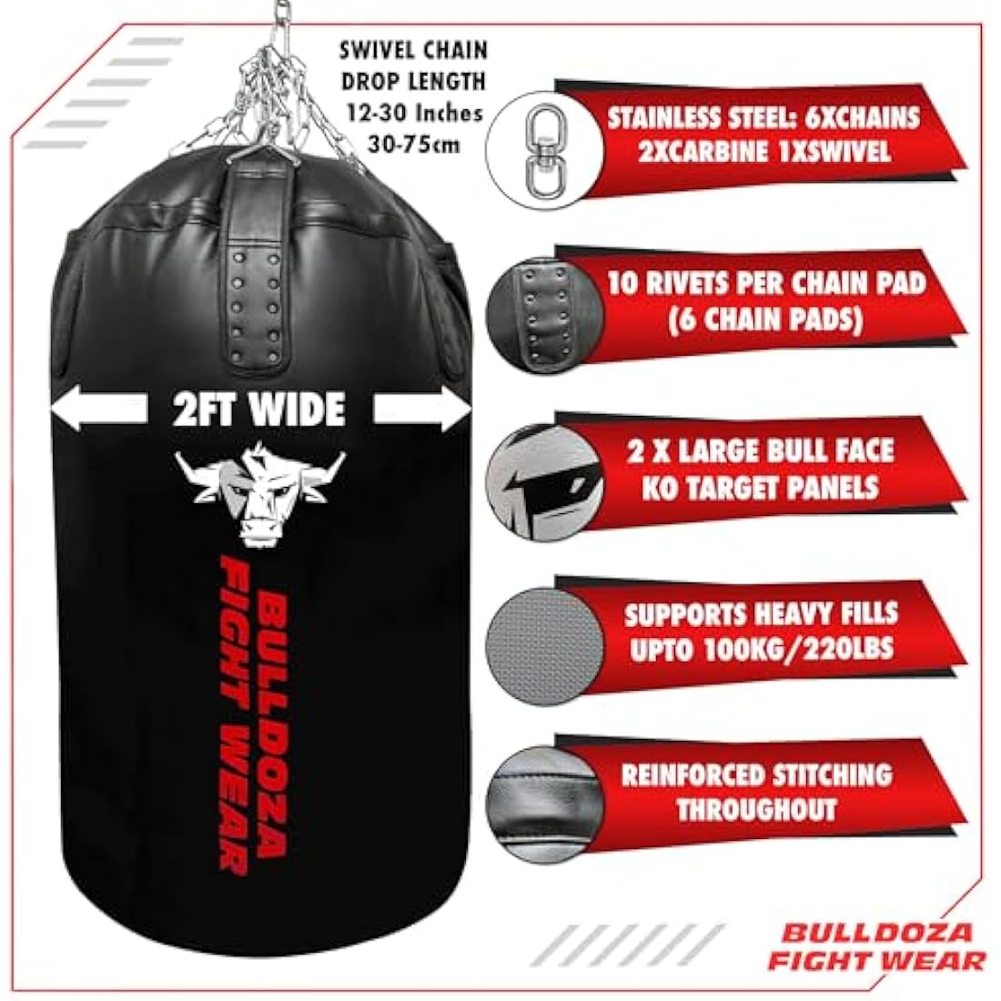 Jumbo Huge XXL Bull Doza Fight Wear Heavy-Duty Self-Fill Punching Bag - Punch Bag with Hanging Chains, Swivel, Carabiners - Boxing Bag for MMA, Kickboxing, Muay Thai, Martial Arts