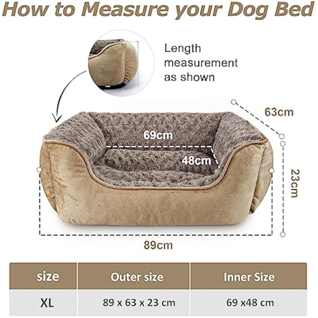 JOEJOY Dog Bed Large Washable - Calming Anti-Anxiety Rectangle Cat Bed with Soft Cosy Plush - Pet Bed Size Small | Medium | Large Mattress Mat For Dog, Beige