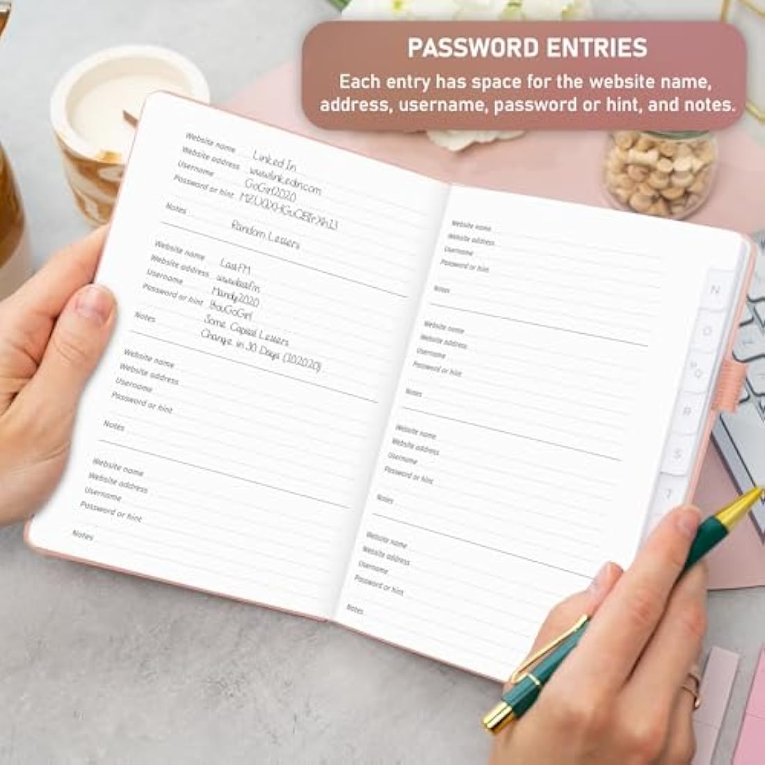 GoGirl Password Book with Alphabetical tabs – Internet Address & Password Keeper Logbook for Password Organization, Journal Notebook for Saving Website Logins. Medium Size 13.5 x 19cm - Rose Gold