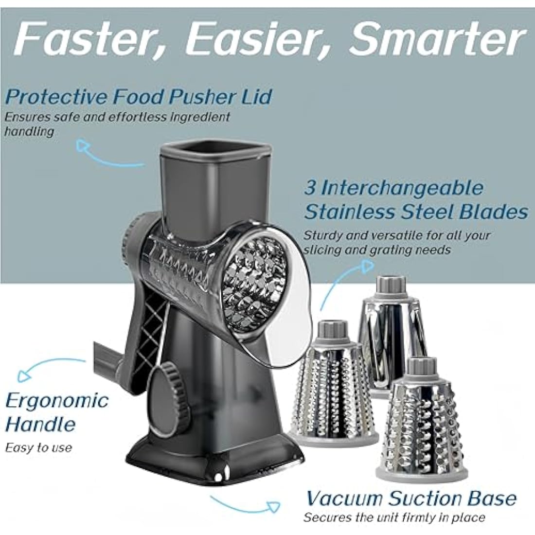 LacusMare Rotary Cheese Grater with 3 Blades for Slicing, Coarse Grating & Fine Shredding, Graters for Kitchen with Stable Suction Base, Vegetable Slicer for Cucumber, Carrot, Potato, Nuts (Gray)